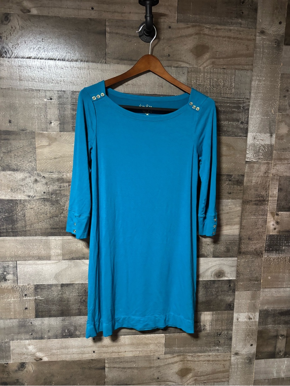 Lilly Pulitzer Teal Crewneck Dress with Gold Buttons on Shoulders and Sleeves L